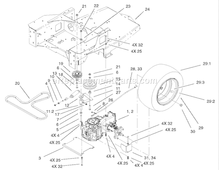Hydro and Belt Drive Assembly Diagram and Parts List for 74401 220000001-220999999 - 2002 Toro Lawn Tractor