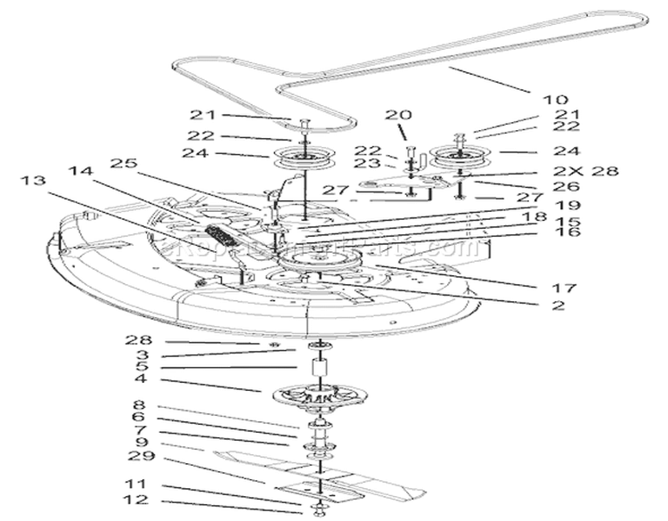 38in Deck Spindle and Belt Drive Assembly Diagram and Parts List for 74402 230000001-230999999 - 2003 Toro Lawn Tractor