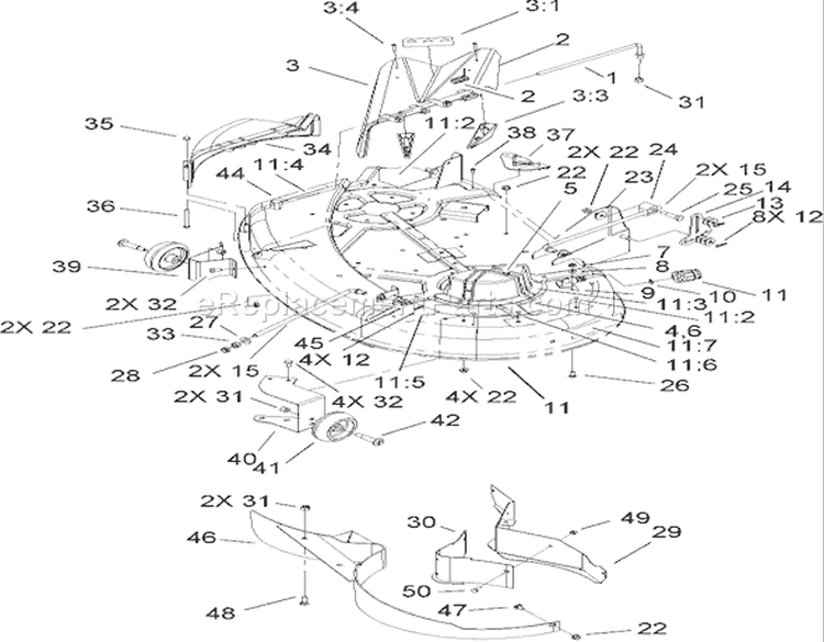 38in Deck Assembly Diagram and Parts List for 74402 240000001-240999999 - 2004 Toro Lawn Tractor