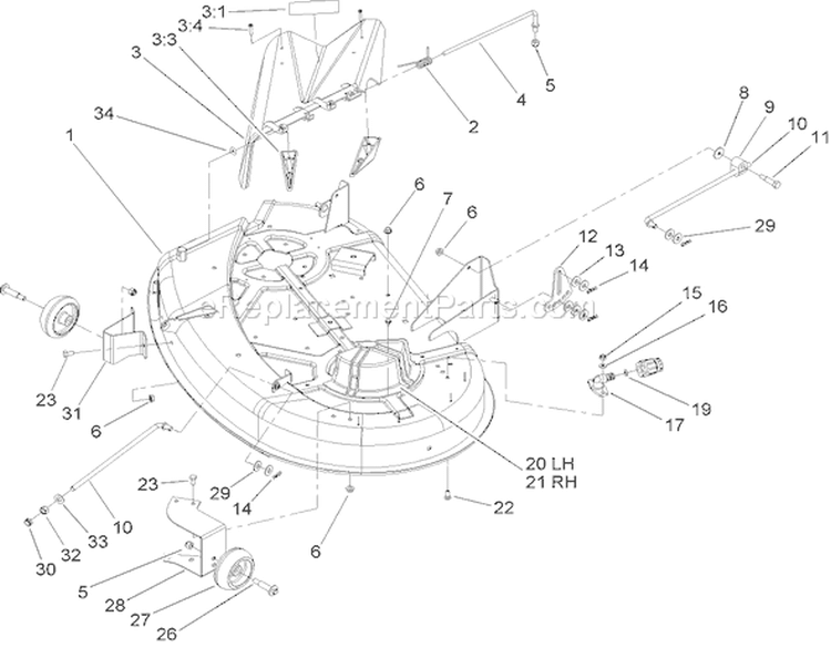38 Inch Deck Assembly Diagram and Parts List for 74402 250000001-250999999 - 2005 Toro Lawn Tractor