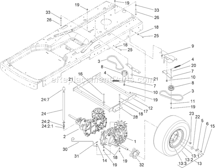 Hydro and Belt Drive Assembly Diagram and Parts List for 74402 250000001-250999999 - 2005 Toro Lawn Tractor