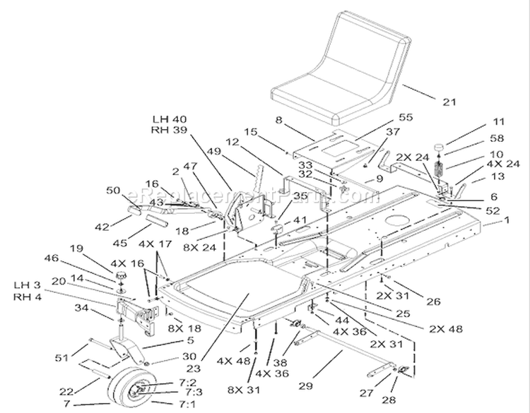 Frame Assembly Diagram and Parts List for 74403 230000001-230999999 - 2003 Toro Lawn Tractor