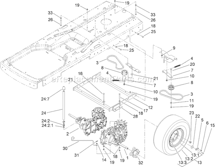 Hydro and Belt Drive Assembly Diagram and Parts List for 74403 250000001-250999999 - 2005 Toro Lawn Tractor
