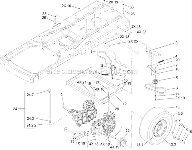 Hydro and Belt Drive Assembly Diagram and Parts List for 74327 260000001-260019999 - 2006 Toro Lawn Tractor