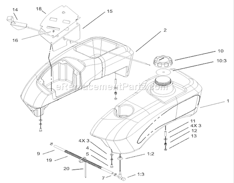 Fuel Tank and Control Pod Assembly Diagram and Parts List for 74405 230000001-230999999 - 2003 Toro Lawn Tractor