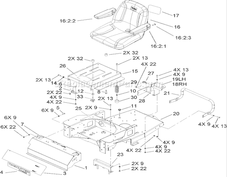 Main Frame Assembly Diagram and Parts List for 74406 250000001-250999999 - 2005 Toro Lawn Tractor