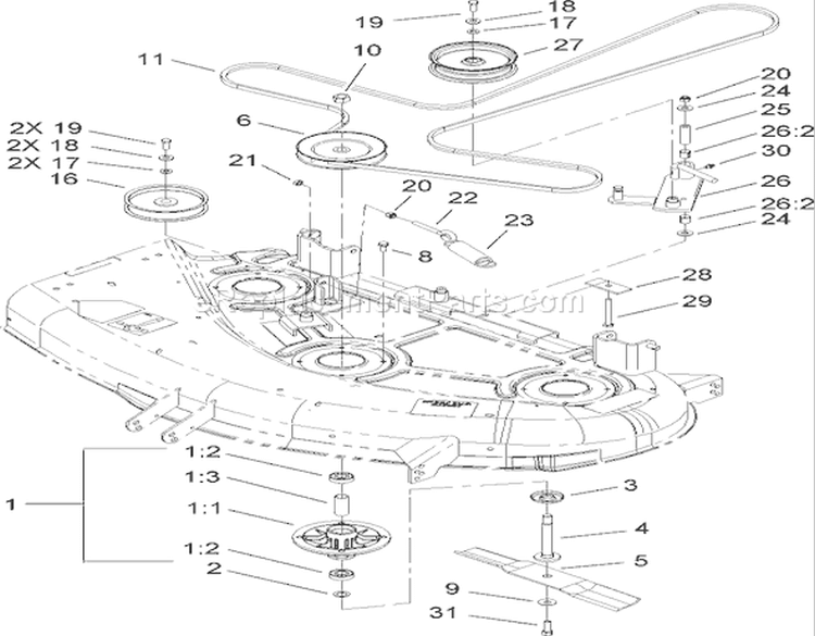 44in Deck Belt Drive Assembly Diagram and Parts List for 74406 250000001-250999999 - 2005 Toro Lawn Tractor
