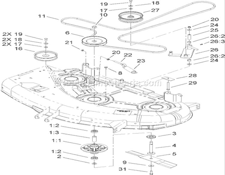 44in Deck Belt Drive Assembly Diagram and Parts List for 74406 260000001-260000240 - 2006 Toro Lawn Tractor
