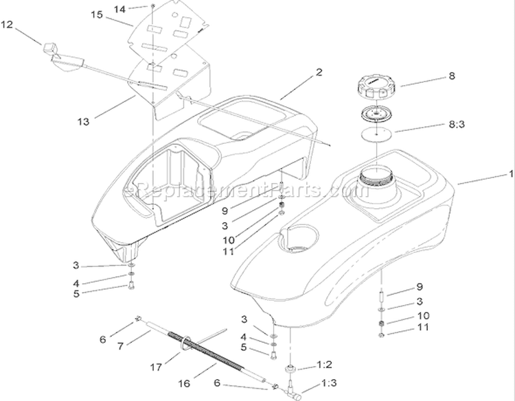 Fuel Tank and Control Pod Assembly Diagram and Parts List for 74407 250000001-250999999 - 2005 Toro Lawn Tractor
