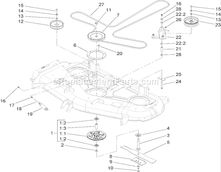 Spindle and Belt Drive Assembly Diagram and Parts List for 74407 250000001-250999999 - 2005 Toro Lawn Tractor