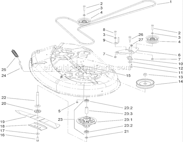 Spindle and Belt Drive Assembly Diagram and Parts List for 74402 260000001-260999999 - 2006 Toro Lawn Tractor