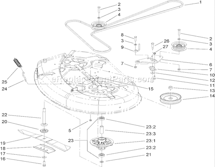 Spindle and Belt Drive Assembly Diagram and Parts List for 74327 260000001-260019999 - 2006 Toro Lawn Tractor