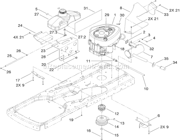 Engine, Muffler and Clutch Assembly Diagram and Parts List for 74433 290000001-290999999 - 2009 Toro Lawn Tractor