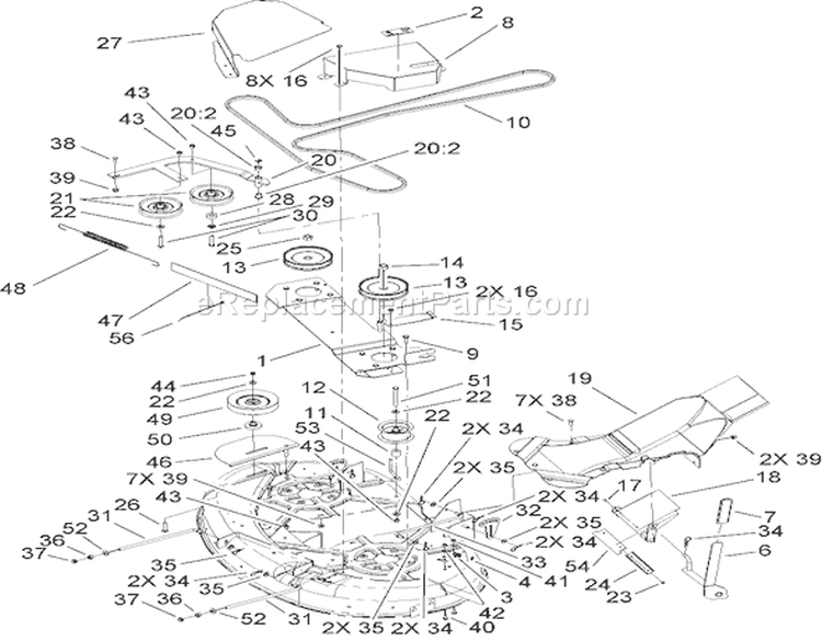 42 Inch Top Deck Assembly Diagram and Parts List for 74433 260000001-260999999 - 2006 Toro Lawn Tractor