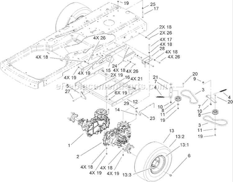 Drive Assembly Diagram and Parts List for 74434 270000001-270999999 - 2007 Toro Lawn Tractor