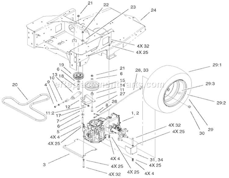 Hydro And Belt Drive Assembly Diagram and Parts List for 74501 210000001-210999999 - 2001 Toro Lawn Tractor
