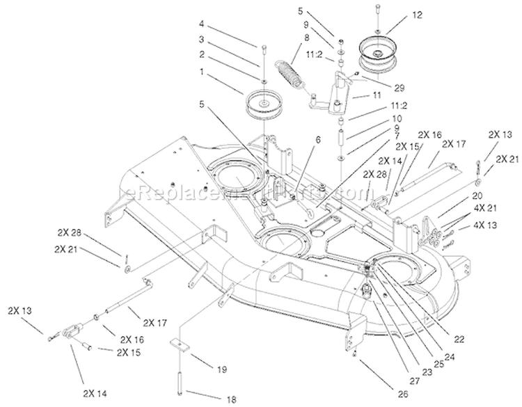 44 Inch Deck Belt Drive and Lift Assembly Diagram and Parts List for 74501 210000001-210999999 - 2001 Toro Lawn Tractor