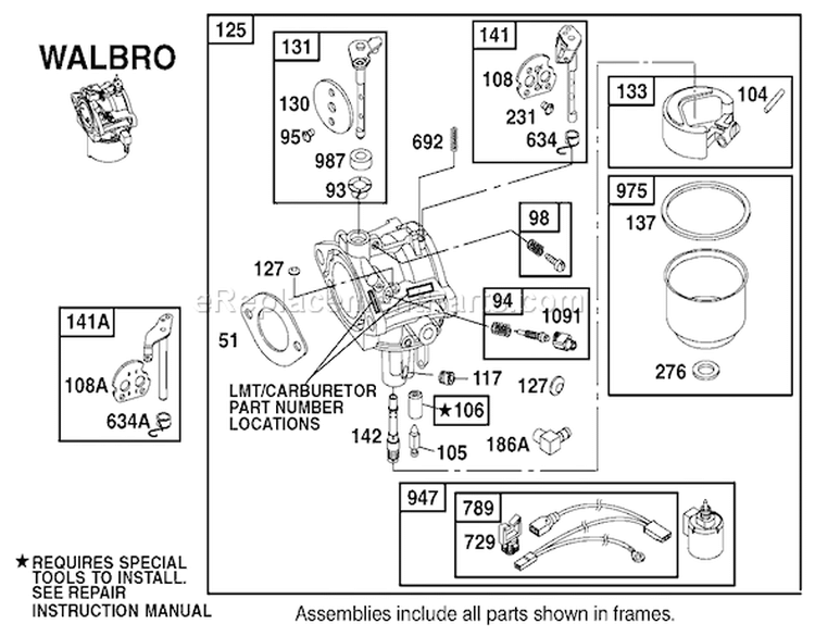 Carburetor Assembly Diagram and Parts List for 74501 220000001-220999999 - 2002 Toro Lawn Tractor