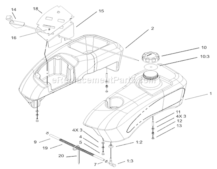 Fuel Tank and Control Pod Assembly Diagram and Parts List for 74502 230000001-230999999 - 2003 Toro Lawn Tractor
