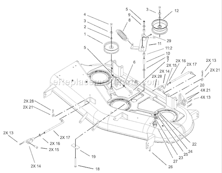 44in Deck Belt Drive and Lift Assembly Diagram and Parts List for 74502 230000001-230999999 - 2003 Toro Lawn Tractor