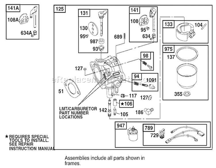 Carburetor Assembly Engine Diagram and Parts List for 74570 210000001-210999999 - 2001 Toro Lawn Tractor