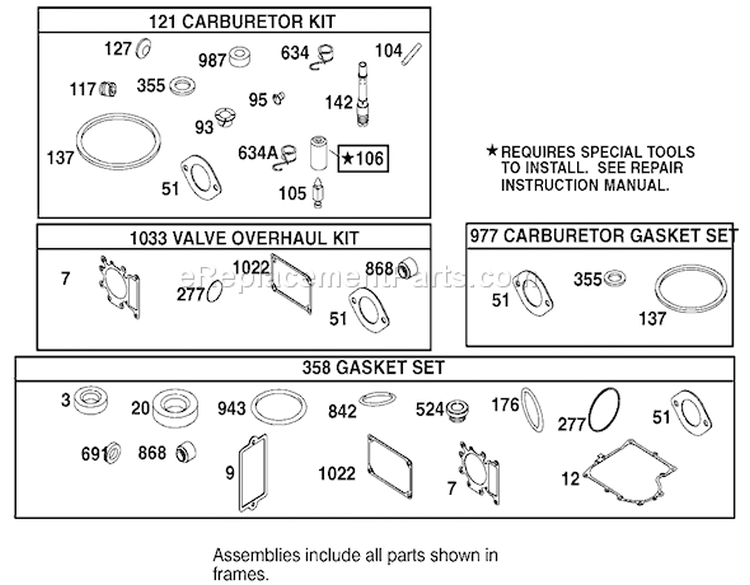 Carburetor Overhaul Kit Assembly Engine Diagram and Parts List for 74570 210000001-210999999 - 2001 Toro Lawn Tractor