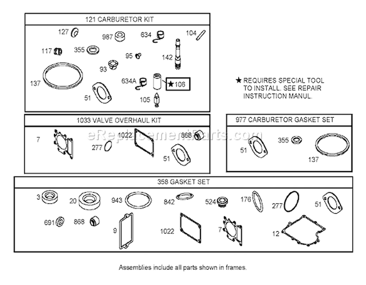 Carburetor Overhaul Kit Assembly Diagram and Parts List for 74570 240000001-240999999 - 2004 Toro Lawn Tractor