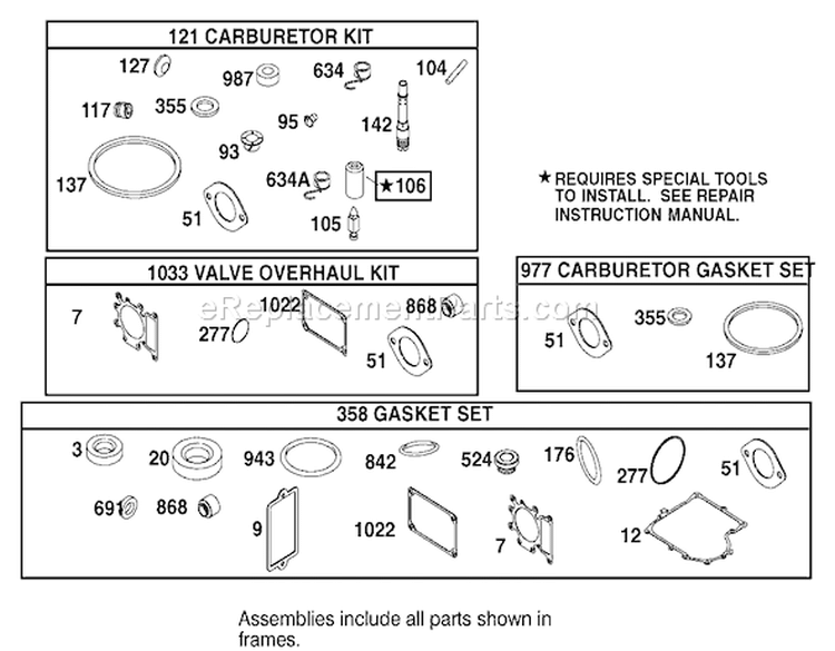 Carburetor Overhaul Kit Assembly Diagram and Parts List for 74570 260000001-260999999 - 2006 Toro Lawn Tractor