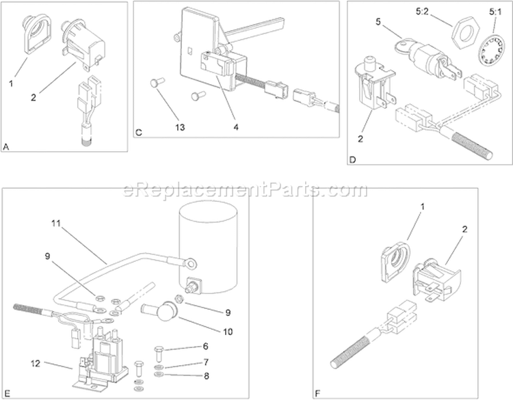 Electrical Switch Diagram and Parts List for 74573 310000001-310999999 - 2010 Toro Lawn Mower
