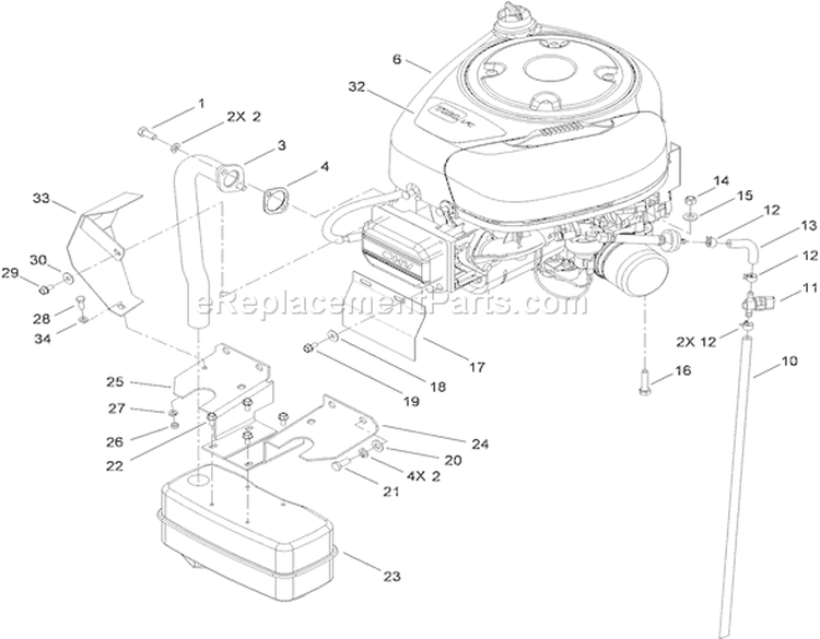 Engine and Muffler Assembly Diagram and Parts List for 74582 310000001-310999999 - 2010 Toro Lawn Tractor