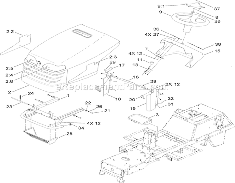 Body and Hood Assembly Diagram and Parts List for 74582 310000001-310999999 - 2010 Toro Lawn Tractor