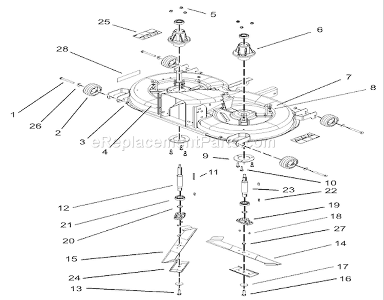 Cutting Pan, Mower Housing Assembly Diagram and Parts List for 74570 230000001-230999999 - 2003 Toro Lawn Tractor