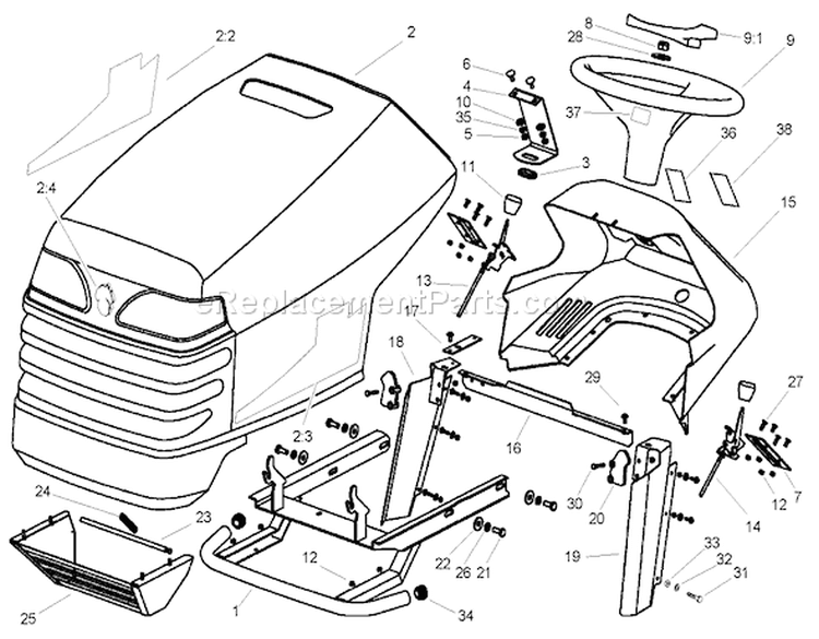 Body and Hood Assembly Diagram and Parts List for 74590 240000001-240999999 - 2004 Toro Lawn Tractor