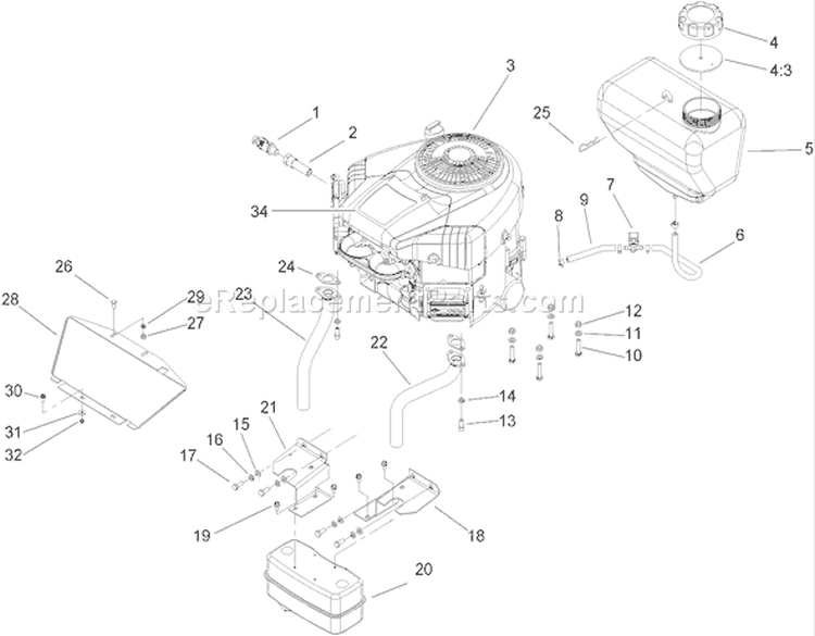 Engine, Muffler and Fuel Tank Assembly Diagram and Parts List for 74590 250000001-250999999 - 2005 Toro Lawn Tractor
