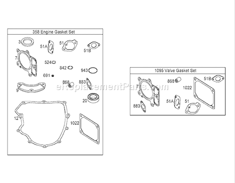 358 Engine and 1095 Valve Gasket Sets Diagram and Parts List for 74591 260000001-260999999 - 2006 Toro Lawn Tractor