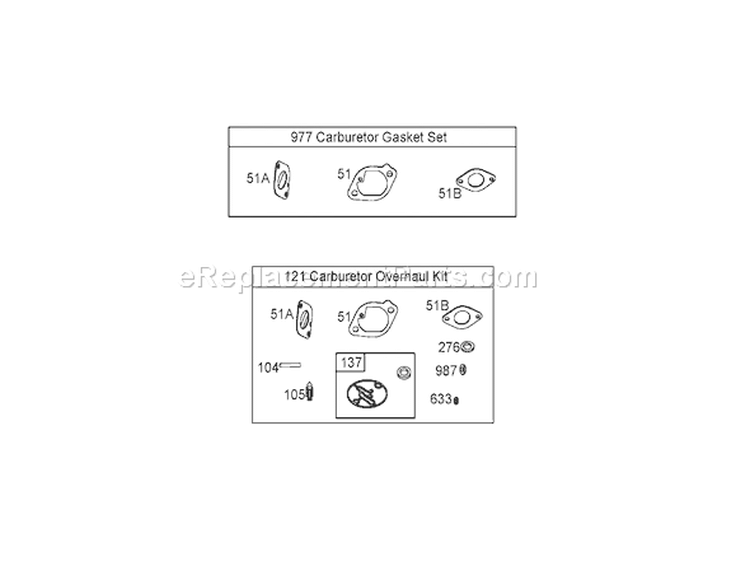 977 Carburetor Gasket Set and 121 Carburetor Overhaul Kit Diagram and Parts List for 74591 260000001-260999999 - 2006 Toro Lawn Tractor