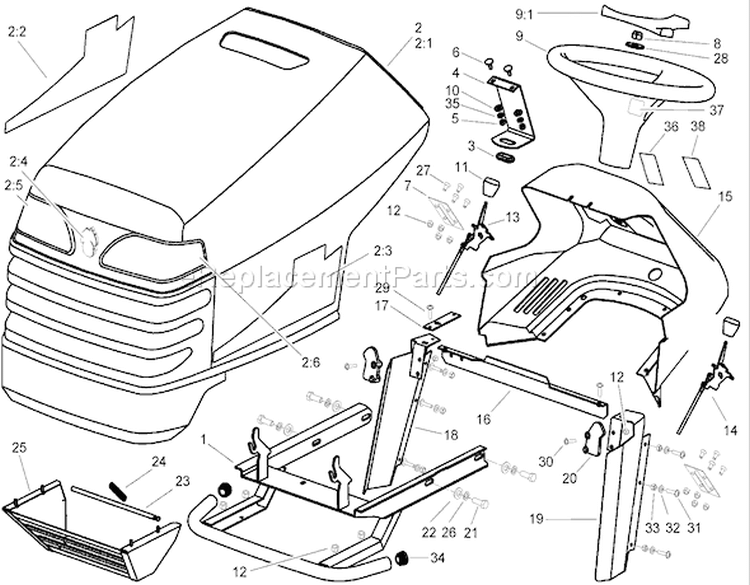 Body and Hood Assembly Diagram and Parts List for 74590 250000001-250999999 - 2005 Toro Lawn Tractor