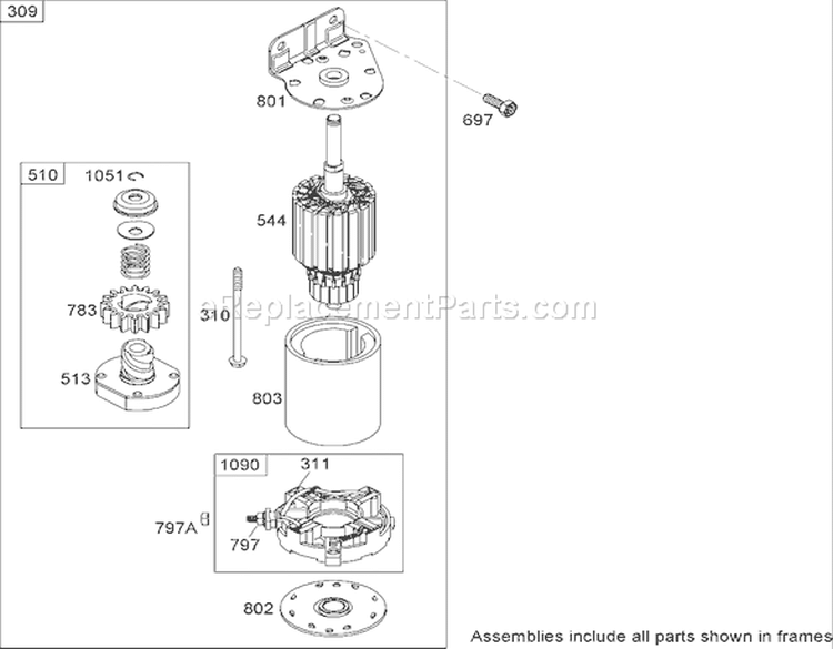 Starter Motor Assembly Diagram and Parts List for 74592 270000652-270999999 - 2007 Toro Lawn Tractor
