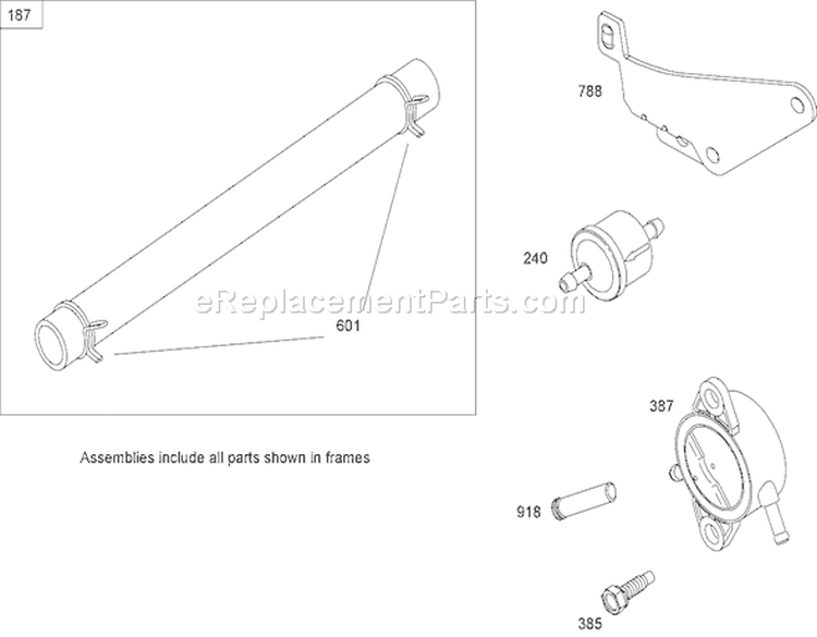 Fuel Line and Pump Assembly Diagram and Parts List for 74592 270000652-270999999 - 2007 Toro Lawn Tractor