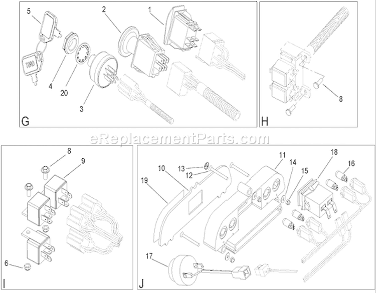 Electrical Switch Assembly Diagram and Parts List for 74592 270000652-270999999 - 2007 Toro Lawn Tractor