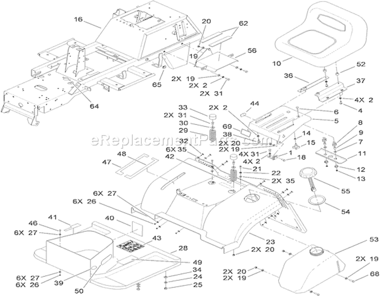 Frame, Fender, Seat and Fuel Tank Assembly Diagram and Parts List for 74582 310000001-310999999 - 2010 Toro Lawn Tractor