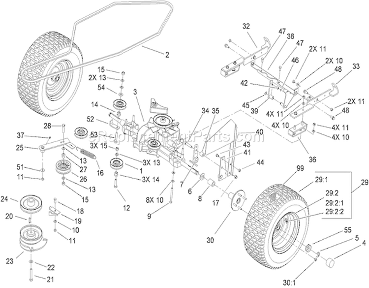 Transmission Assembly Diagram and Parts List for 74592 280000001-280000528 - 2008 Toro Lawn Tractor