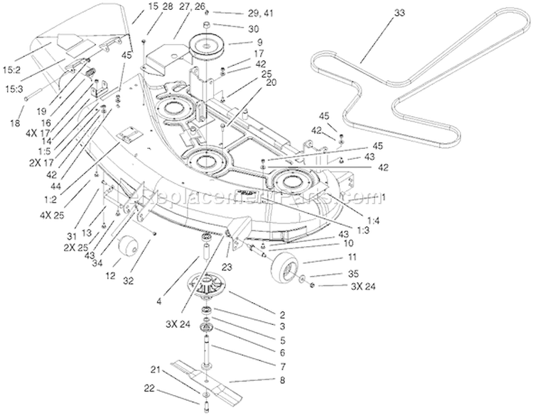 44 Inch Deck Assembly Diagram and Parts List for 74601 210000001-210999999 - 2001 Toro Lawn Tractor