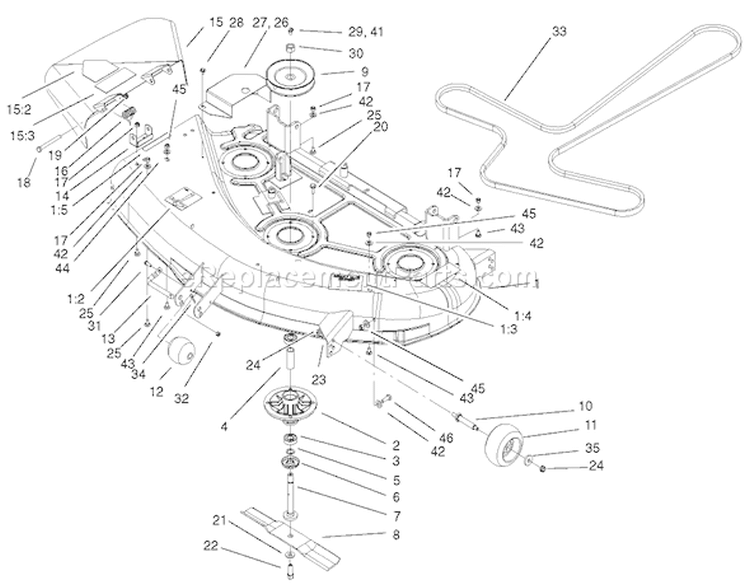 44in Deck Assembly Diagram and Parts List for 74601 220000001-220000912 - 2002 Toro Lawn Tractor