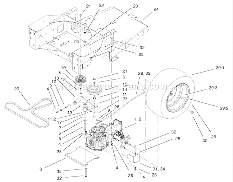 Hydro and Belt Drive Assembly Diagram and Parts List for 74601 220000001-220000912 - 2002 Toro Lawn Tractor