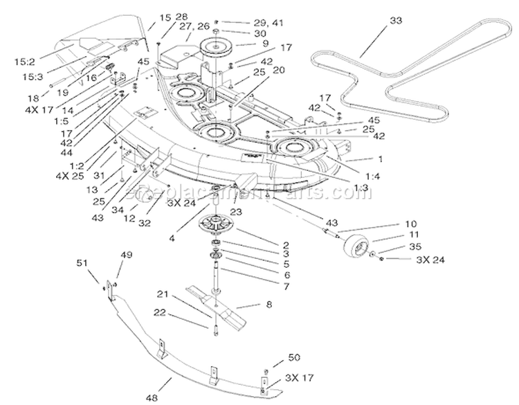 44in Deck Assembly Diagram and Parts List for 74601 220000913-220999999 - 2002 Toro Lawn Tractor