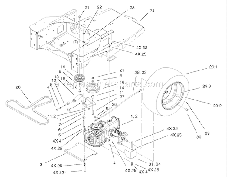 Hydro and Belt Drive Assembly Diagram and Parts List for 74601 220000913-220999999 - 2002 Toro Lawn Tractor