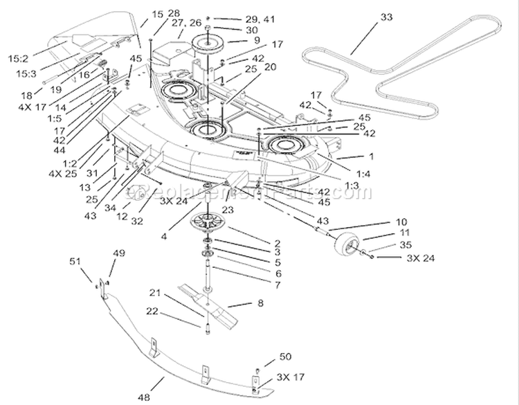 44in Deck Assembly Diagram and Parts List for 74601 230000001-230999999 - 2003 Toro Lawn Tractor
