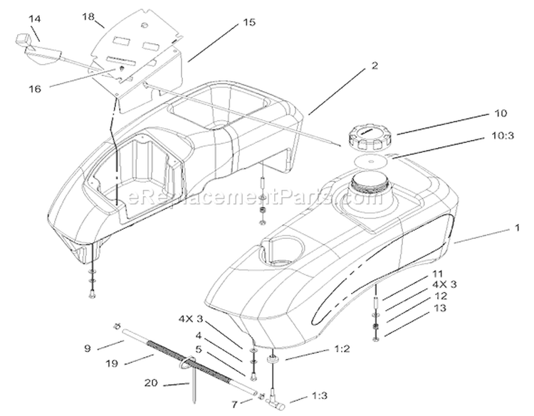 Fuel Tank Assembly Diagram and Parts List for 74601 230000001-230999999 - 2003 Toro Lawn Tractor