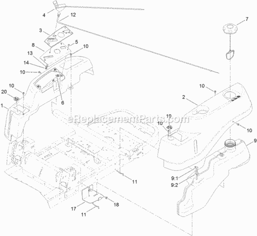 Body_Styling_And_Fuel_Tank_Assembly Diagram and Parts List for 74625 311000001 - 311999999 Toro Lawn Tractor